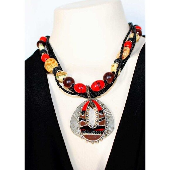 Chico's 4 Strand Boho Bold Faux Agate Cloisonne Seed Beads Pendant 21" Necklace - Picture 1 of 7
